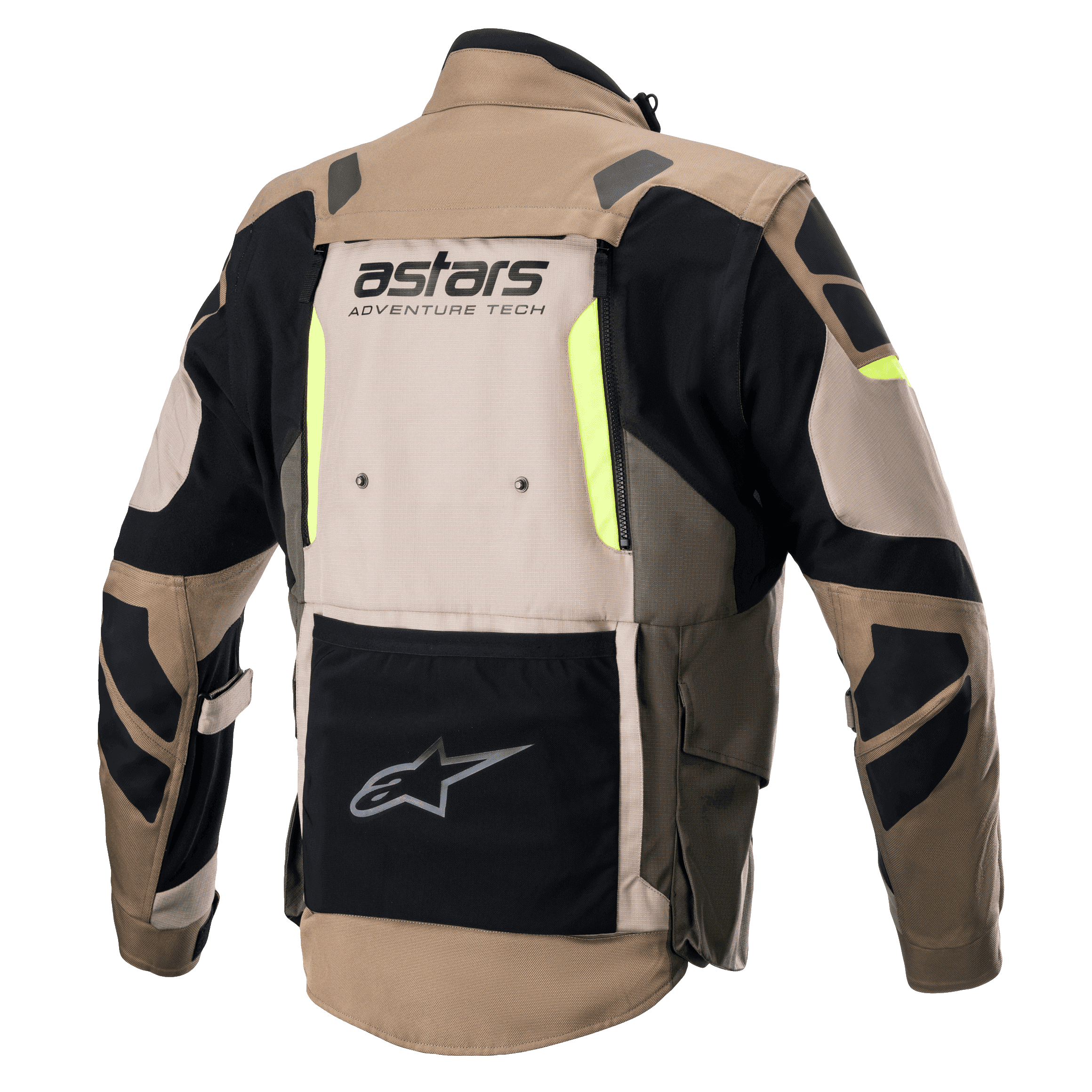 Alpinestars Halo Drystar® Jas, achteraanzicht, donker kaki en zandkleur met fluoriserend gele accenten, adventure touring motorjas met een groot ventilatiepaneel op de rug, 'astars ADVENTURE TECH' branding en een zwart opbergvak aan de onderzijde.