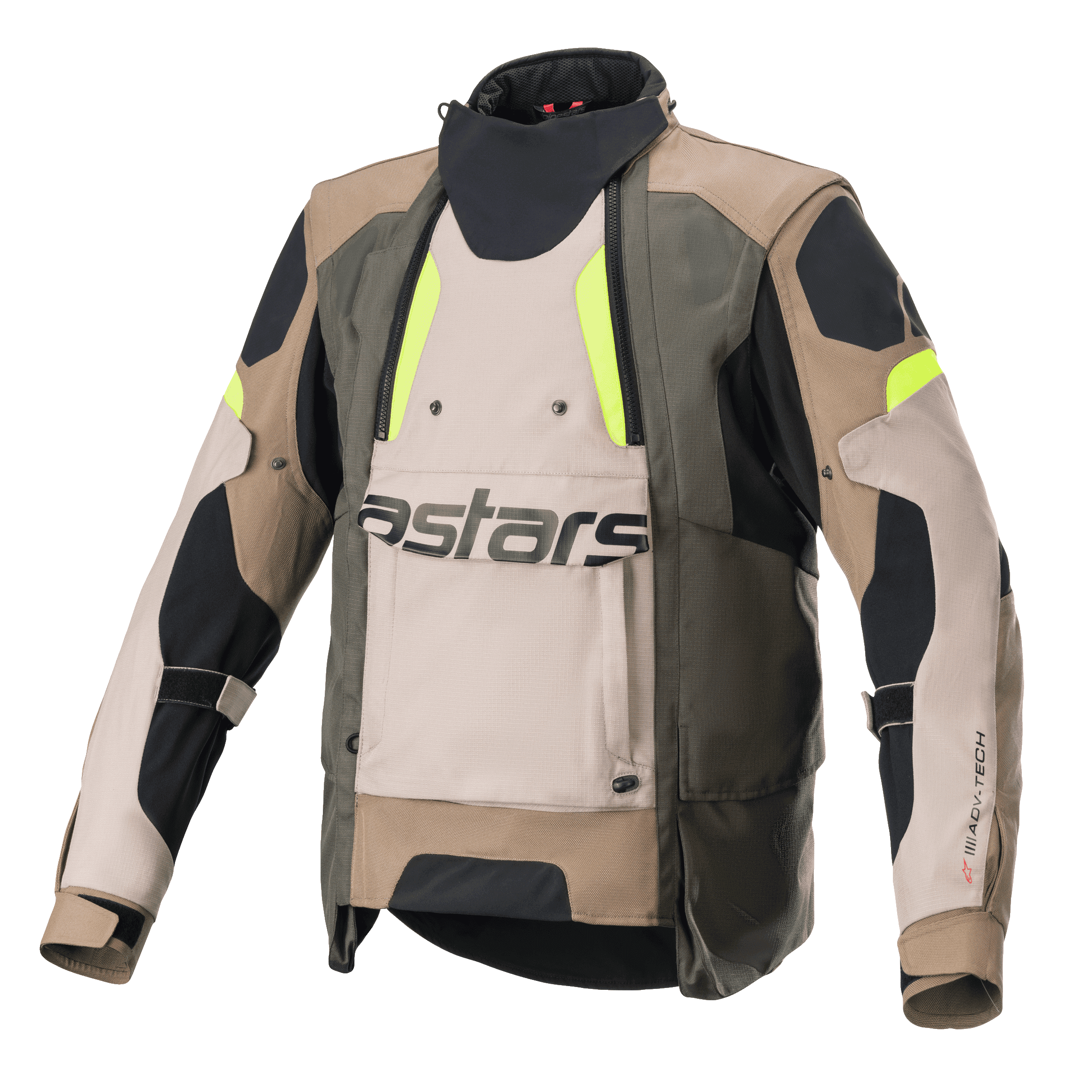 Alpinestars Halo Drystar jas, adventure touring motorjas, donkerkhaki en zand met fluorgele accenten, voorzien van een groot ventilatiepaneel aan de voorzijde met astars-branding, hoge kraag en robuuste textielconstructie voor rijden in alle seizoenen