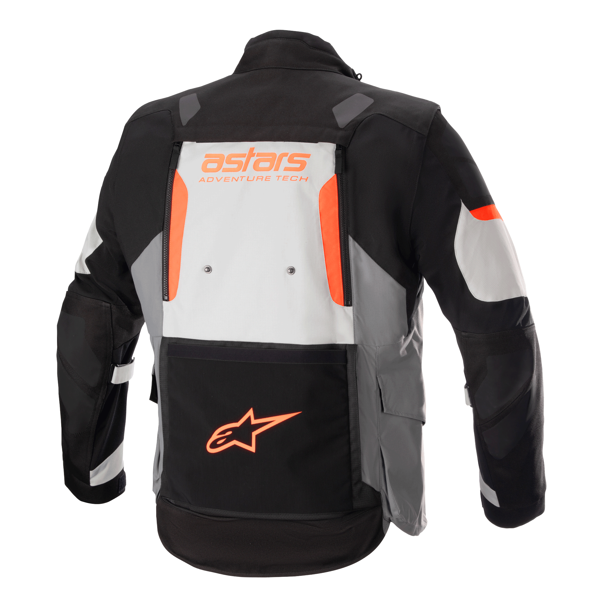 Alpinestars Halo Drystar® Jas, adventure touring motorjas, donkergrijs, ijsgrijs en zwart met oranje accenten, achteraanzicht met een groot ventilatiepaneel op de rug met 'astars ADVENTURE TECH' branding en oranje sterlogo op de onderste zak, technische motoruitrusting voor meerdere seizoenen