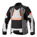 Alpinestars Halo Drystar motorjas, adventure touring motorjas, donkergrijs, ijsgrijs en zwart met oranje accenten, voorzien van een asymmetrisch ventilatiepaneel aan de voorzijde, oranje astars-logo, verstelbare mouwbanden en een hoge kraag, beschermende textielkleding voor adventure-rijden in alle seizoenen