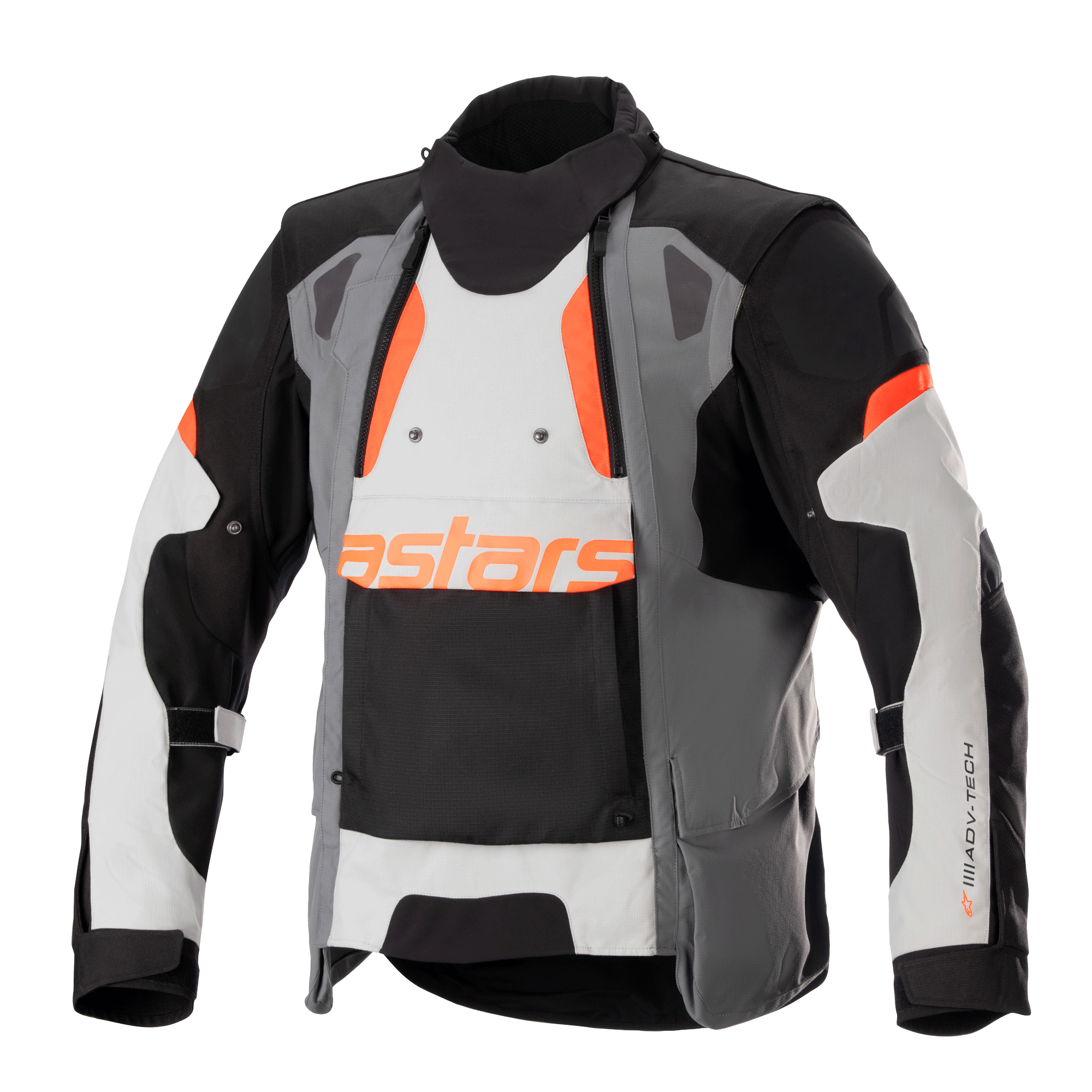 Alpinestars Halo Drystar motorjas, adventure touring motorjas, donkergrijs, ijsgrijs en zwart met oranje accenten, voorzien van een asymmetrisch ventilatiepaneel aan de voorzijde, oranje astars-logo, verstelbare mouwbanden en een hoge kraag, beschermende textielkleding voor adventure-rijden in alle seizoenen