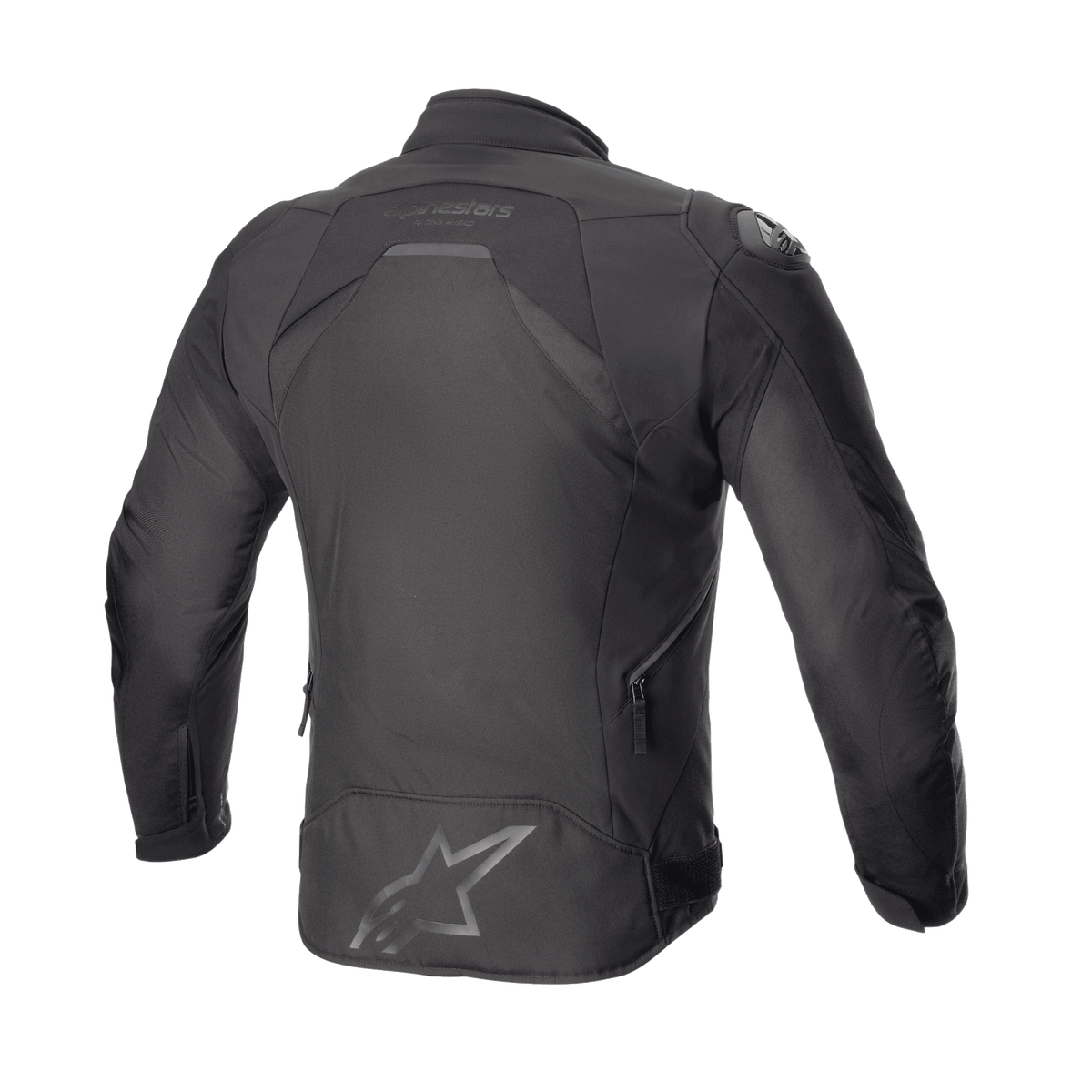 Alpinestars T-GP R V3 Drystar® Jas, sportieve motorjas van textiel, Black Black, achteraanzicht met een slank 3D-getailleerd silhouet, groot ster-logo op de onderrug, Alpinestars-woordmerk bij de kraag en ventilatieritsen aan de zijkant.