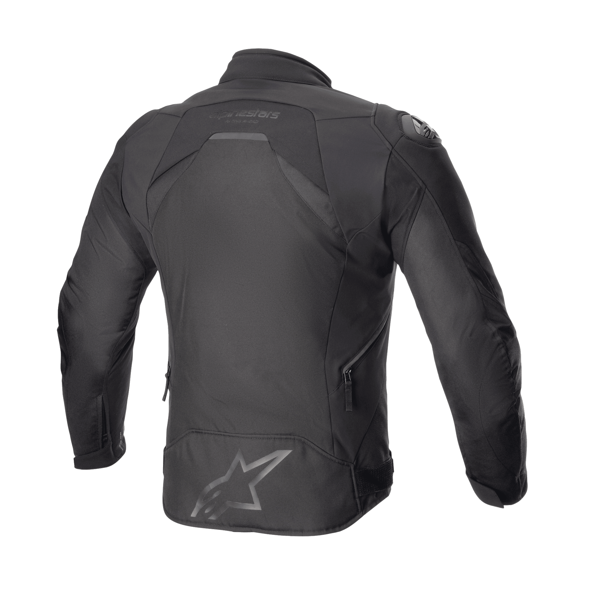 Alpinestars T-GP R V3 Drystar® Jas, sportieve motorjas van textiel, Black Black, achteraanzicht met een slank 3D-getailleerd silhouet, groot ster-logo op de onderrug, Alpinestars-woordmerk bij de kraag en ventilatieritsen aan de zijkant.