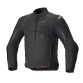 Alpinestars T-GP R V3 Drystar motorjas, volledig zwarte sportieve textiele motorjas, vooraanzicht, subtiel mat logo op de borst, oranje Drystar-branding bij de taille, DFS-schoudersliders, waterdichte en ademende technische uitrusting