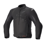 Alpinestars T-GP R V3 Drystar motorjas, volledig zwarte sportieve textiele motorjas, vooraanzicht, subtiel mat logo op de borst, oranje Drystar-branding bij de taille, DFS-schoudersliders, waterdichte en ademende technische uitrusting