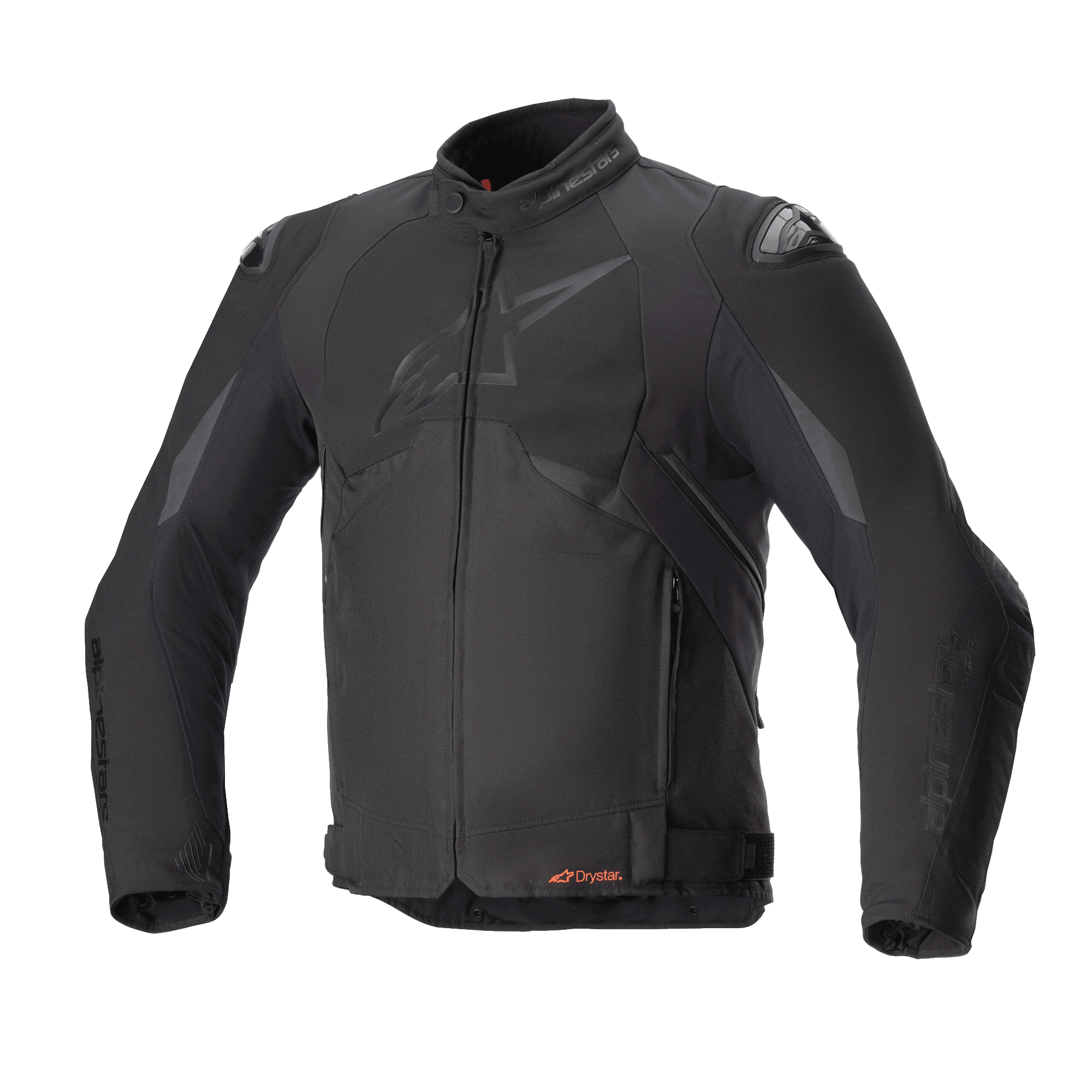 Alpinestars T-GP R V3 Drystar motorjas, volledig zwarte sportieve textiele motorjas, vooraanzicht, subtiel mat logo op de borst, oranje Drystar-branding bij de taille, DFS-schoudersliders, waterdichte en ademende technische uitrusting