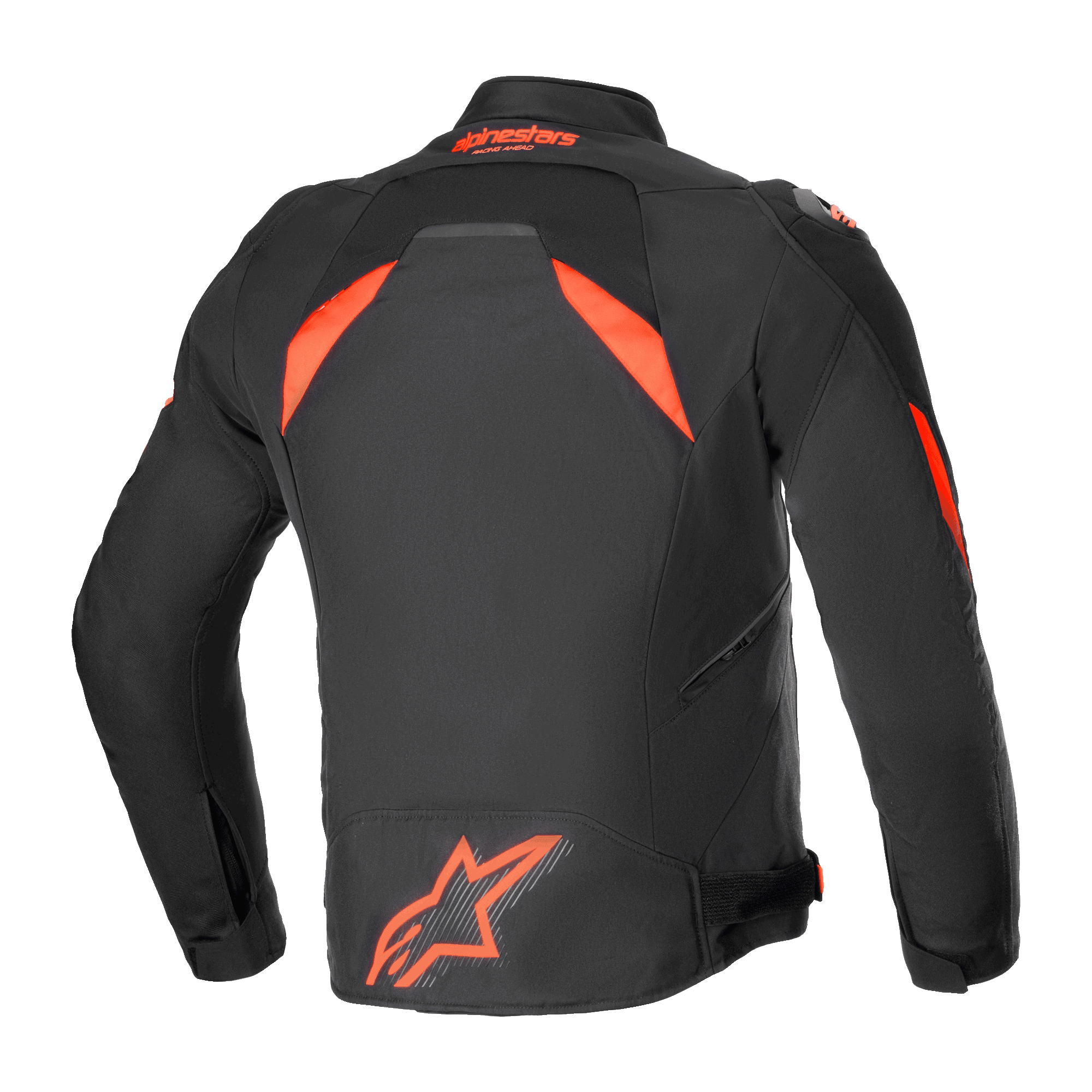 Alpinestars T-GP R V3 Drystar® Jas, waterdichte sporttextiel motorjas, zwart en rood fluo, achteraanzicht met een groot fluoriserend logo op de onderrug en high-visibility schouderpanelen, technisch race-afgeleid ontwerp