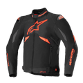 Alpinestars T-GP R V3 Drystar motorjas, sportieve textiel motorjas, zwart met fluo rood, voorzien van grijze schouderpanelen, groot sterlogo op de borst, DFS schoudersliders en waterdichte Drystar-constructie