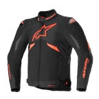 Alpinestars T-GP R V3 Drystar motorjas, sportieve textiel motorjas, zwart met fluo rood, voorzien van grijze schouderpanelen, groot sterlogo op de borst, DFS schoudersliders en waterdichte Drystar-constructie