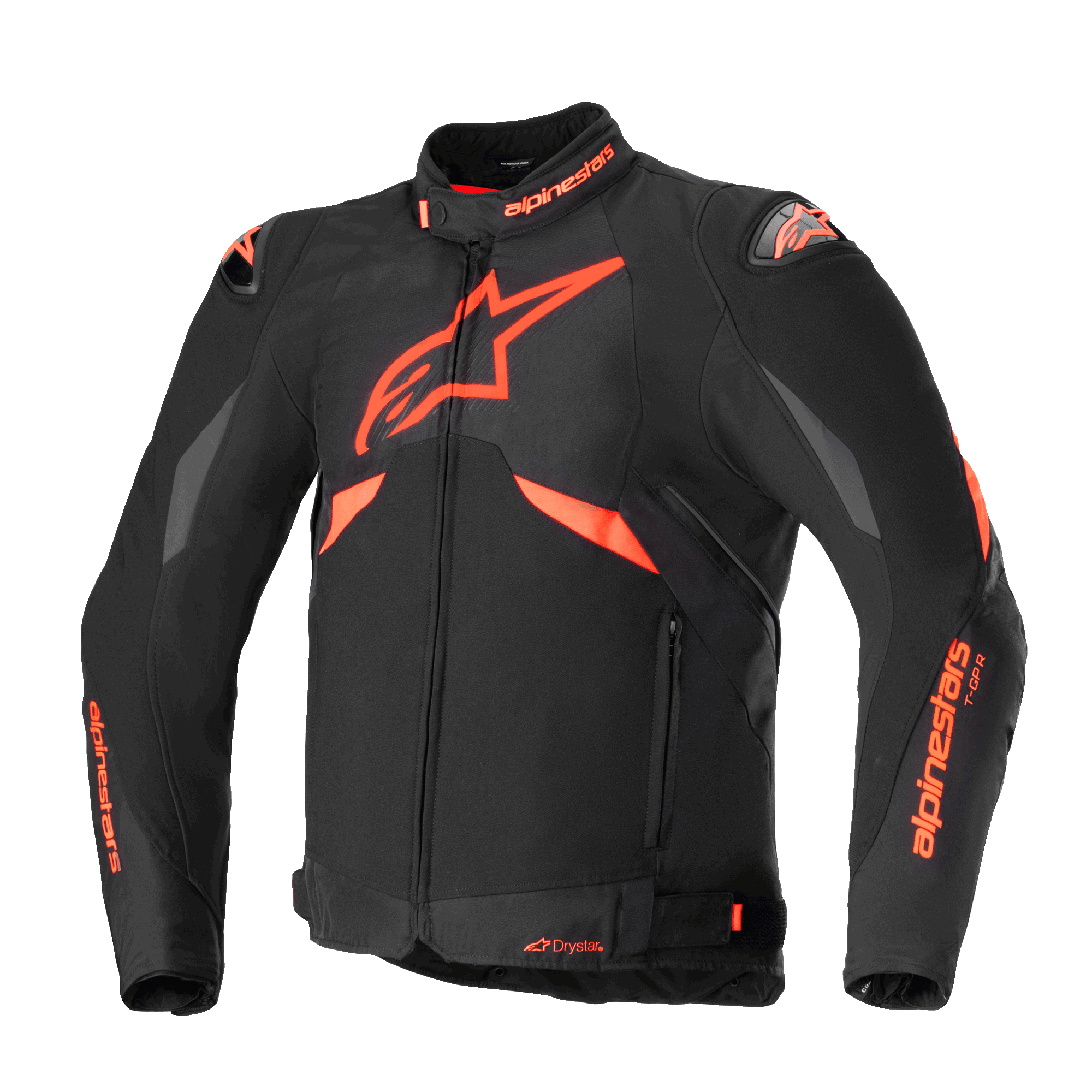 Alpinestars T-GP R V3 Drystar motorjas, sportieve textiel motorjas, zwart met fluo rood, voorzien van grijze schouderpanelen, groot sterlogo op de borst, DFS schoudersliders en waterdichte Drystar-constructie