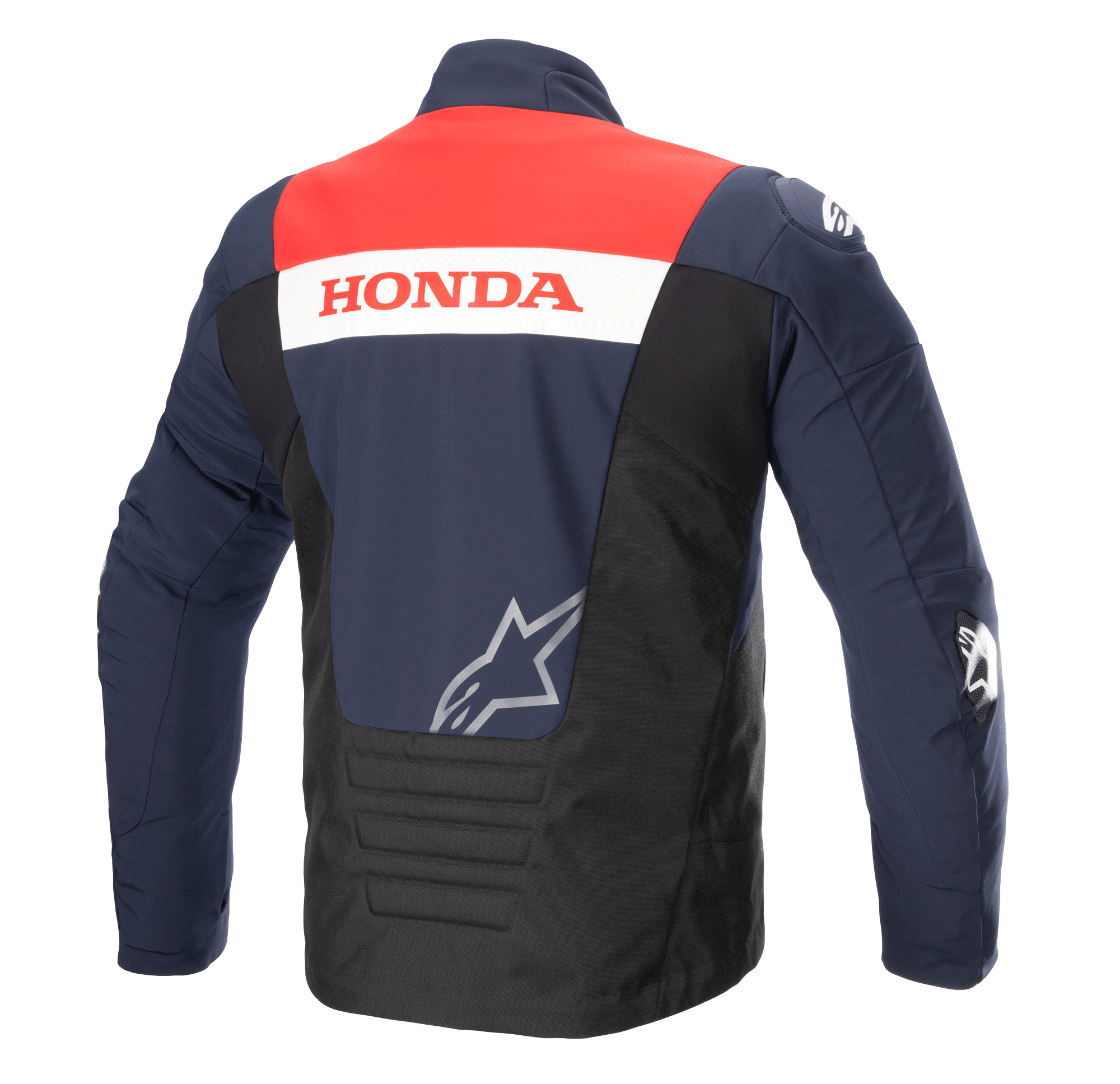 Rear view of Alpinestars Honda SMX Waterproof Softshell Jacket, Night Navy, Black, and Bright Red color scheme, featuring 'HONDA' branding on a white stripe and a silver Alpinestars logo, designed for motorcycle road riding