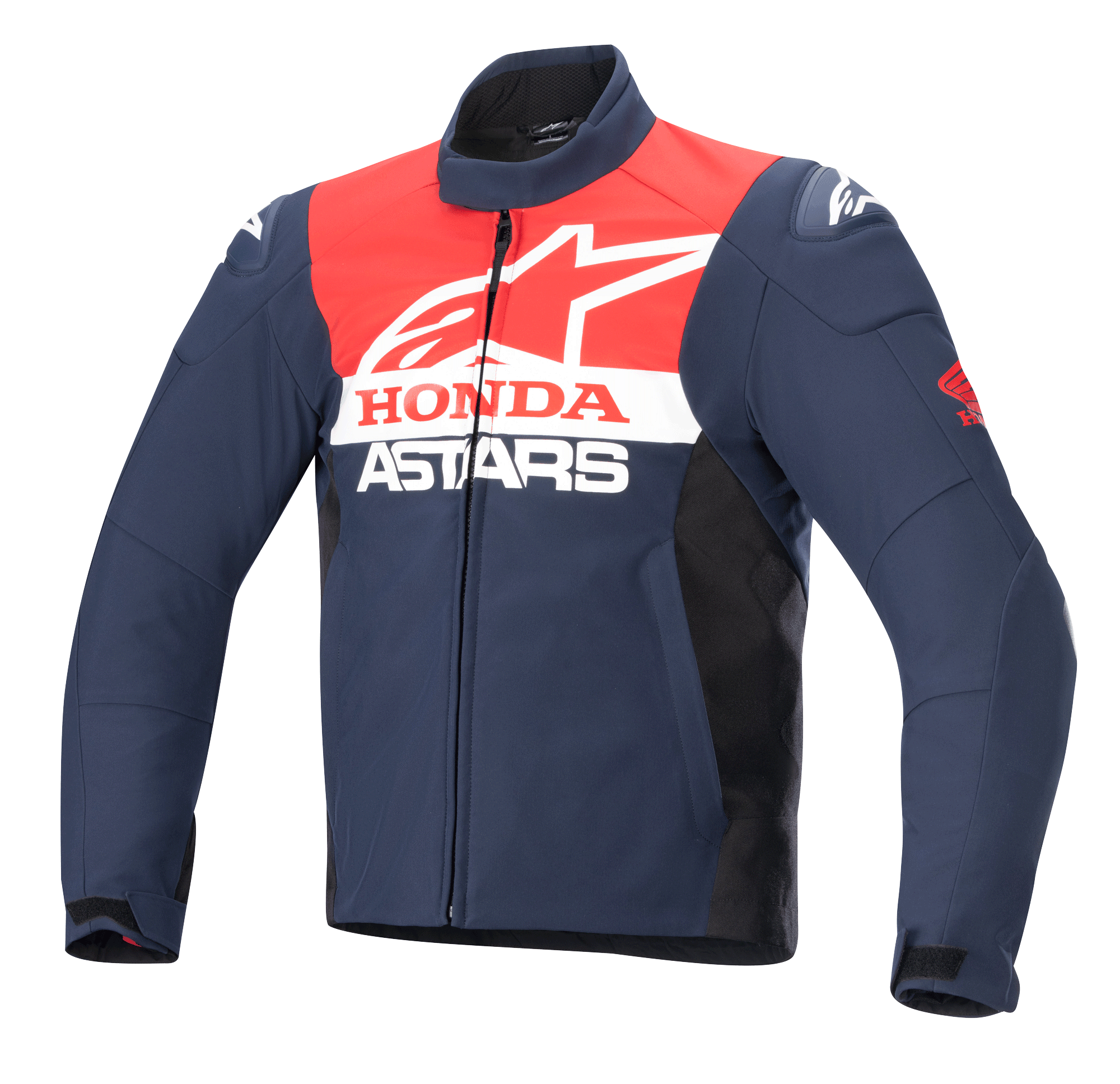 Alpinestars Honda SMX waterdichte softshell jas, motorjas, Night Navy, zwart en felrood, witte Alpinestars- en Honda-branding op de borst, hoge kraag, ritssluiting aan de voorkant, glad waterbestendig textielmateriaal