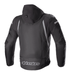 Alpinestars Zaca Waterproof Jacket, Black and Dark Gray, rear view featuring a detachable hood, gray reflective accents, and the Alpinestars logo on the lower back, textile motorcycle sport jacket