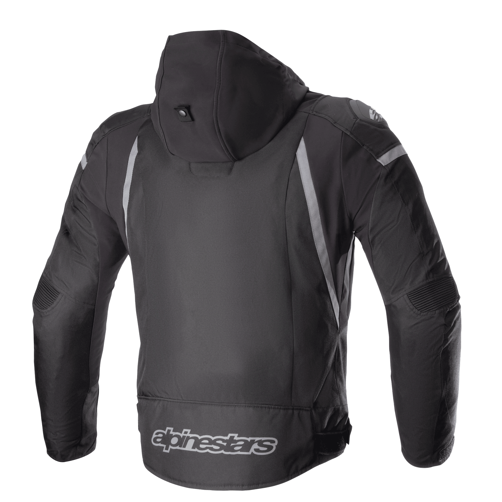 Alpinestars Zaca Waterproof Jacket, Black and Dark Gray, rear view featuring a detachable hood, gray reflective accents, and the Alpinestars logo on the lower back, textile motorcycle sport jacket
