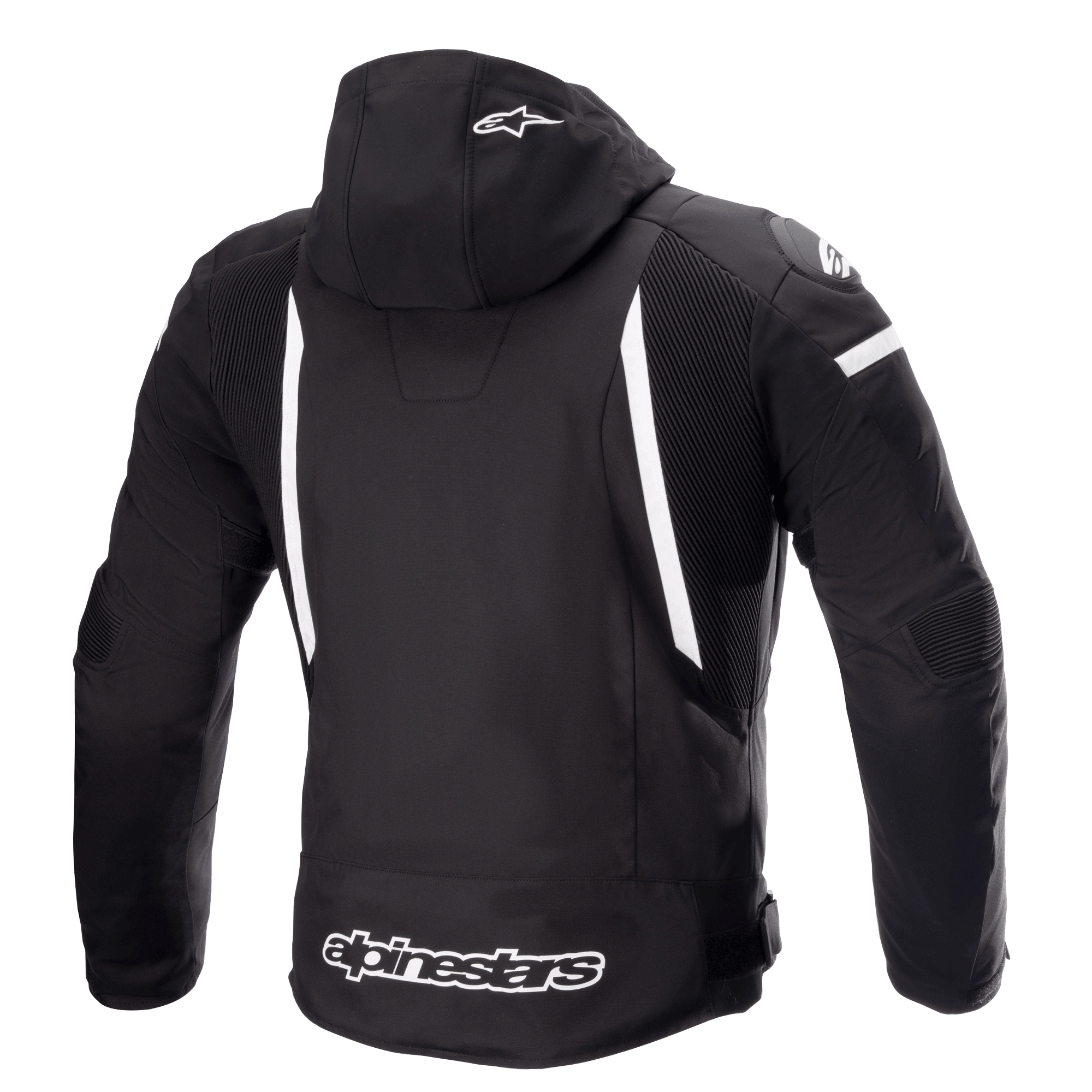 Alpinestars Zaca Waterproof Jacket, Motorcycle Jacket, Black and White, rear view showing detachable hood with white star logo, vertical white stripes on the back, Alpinestars branding on the lower hem, and ribbed stretch panels for mobility.