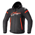 Alpinestars Zaca Waterproof Jacket, Black with Bright Red and White accents, hooded textile motorcycle jacket with front zipper, vertical red side stripes, Alpinestars star logo on chest, protective shoulder armor, all-weather sport riding gear