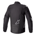 Alpinestars SMX Waterproof Jacket, Black Dark Gray, Rear View, featuring white Alpinestars logo on the lower back and shoulder, padded lower back section, technical textile and softshell motorcycle jacket