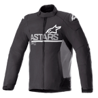 Alpinestars SMX Waterproof Jacket, Motorcycle Jacket, Black with Dark Gray side panels, white ASTARS chest logo and shoulder star logos, textile and softshell construction, full front zipper, high collar, and adjustable velcro cuffs