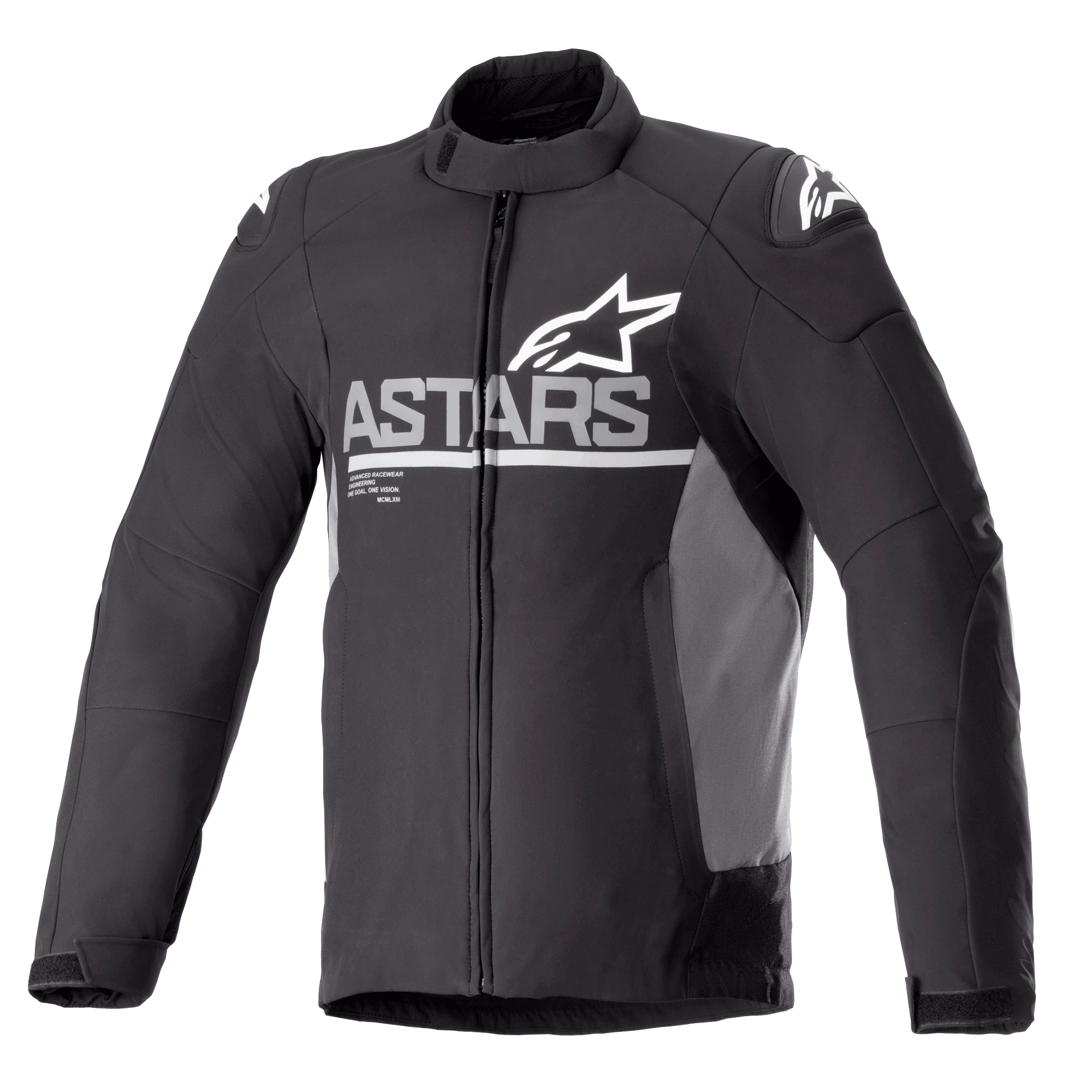 Alpinestars SMX Waterproof Jacket, motorjas, zwart met donkergrijze zijpanelen, wit ASTARS-logo op de borst en sterlogo's op de schouders, textiel- en softshellconstructie, volledige ritssluiting aan de voorzijde, hoge kraag en verstelbare manchetten met klittenband