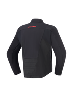 Alpinestars SMX Waterproof Jacket, Black, back view featuring red Alpinestars logo on upper back, elongated rear hem for coverage, textile and softshell paneling, protective motorcycle gear for road and sport riding.
