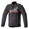 Alpinestars SMX Waterproof Jacket, textiele motorjas, zwart met donkergrijs en felrood, met ASTARS-branding en sterlogo op de borst, horizontale rode streep, witte logo's op de schouders, hoge kraag en ritssluiting aan de voorzijde, beschermend en weerbestendig sportief ontwerp