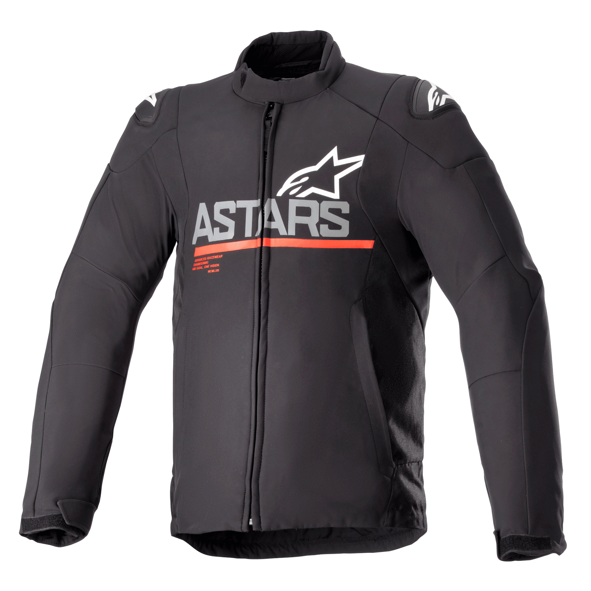 Alpinestars SMX Waterproof Jacket, textiele motorjas, zwart met donkergrijs en felrood, met ASTARS-branding en sterlogo op de borst, horizontale rode streep, witte logo's op de schouders, hoge kraag en ritssluiting aan de voorzijde, beschermend en weerbestendig sportief ontwerp