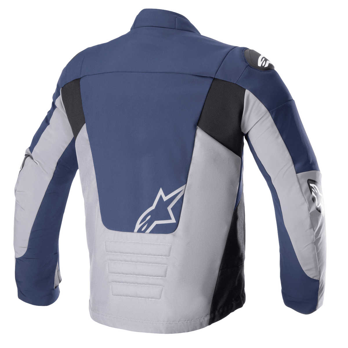 Alpinestars SMX Waterproof jas, achteraanzicht, Night Navy en Dark Gray, voorzien van kleurvlakken in marineblauw en lichtgrijs met zwarte accenten, wit sterlogo op de onderrug en gewatteerde horizontale stikseldetails.