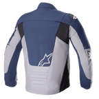 Alpinestars SMX Waterproof jas, achteraanzicht, Night Navy en Dark Gray, voorzien van kleurvlakken in marineblauw en lichtgrijs met zwarte accenten, wit sterlogo op de onderrug en gewatteerde horizontale stikseldetails.
