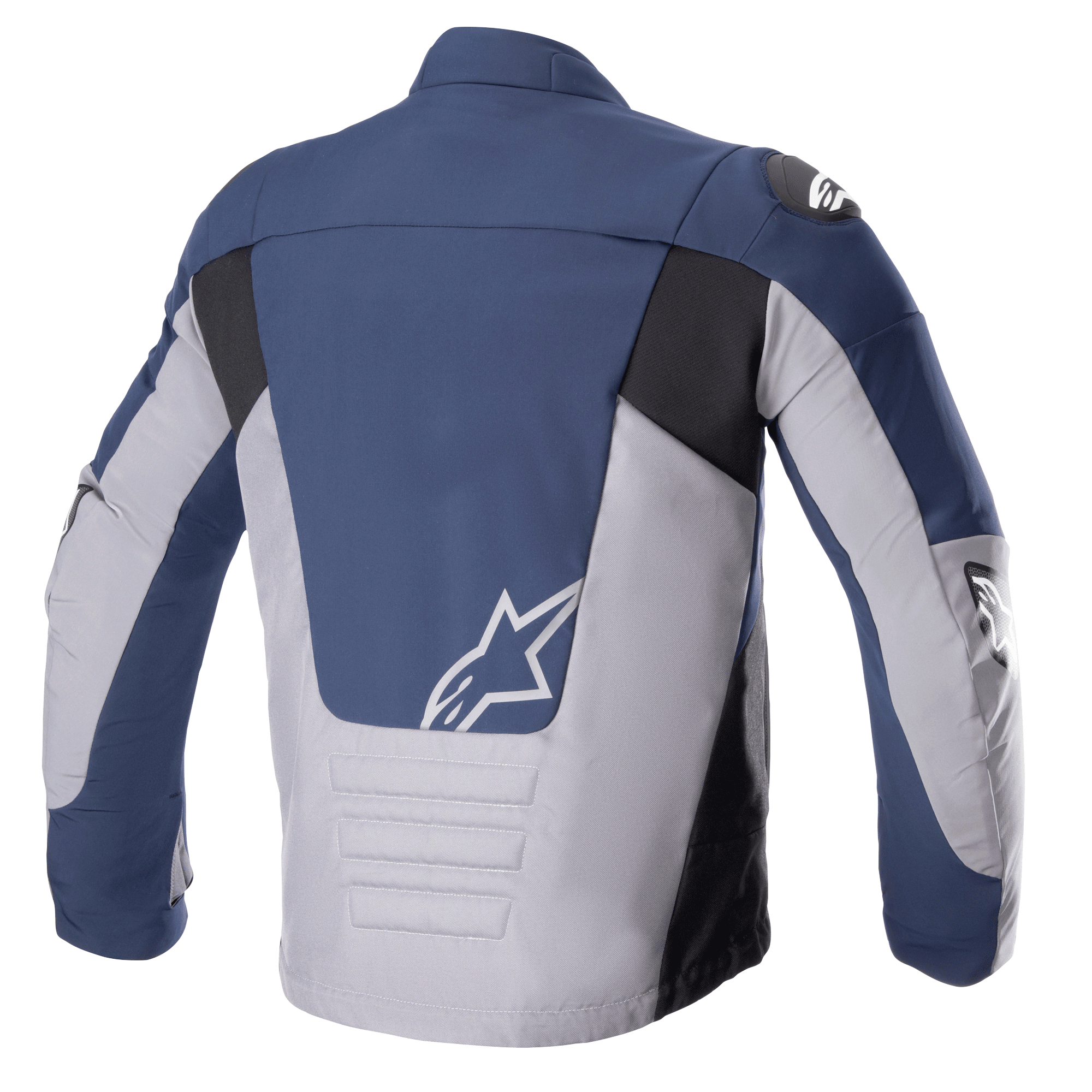 Alpinestars SMX Waterproof jas, achteraanzicht, Night Navy en Dark Gray, voorzien van kleurvlakken in marineblauw en lichtgrijs met zwarte accenten, wit sterlogo op de onderrug en gewatteerde horizontale stikseldetails.