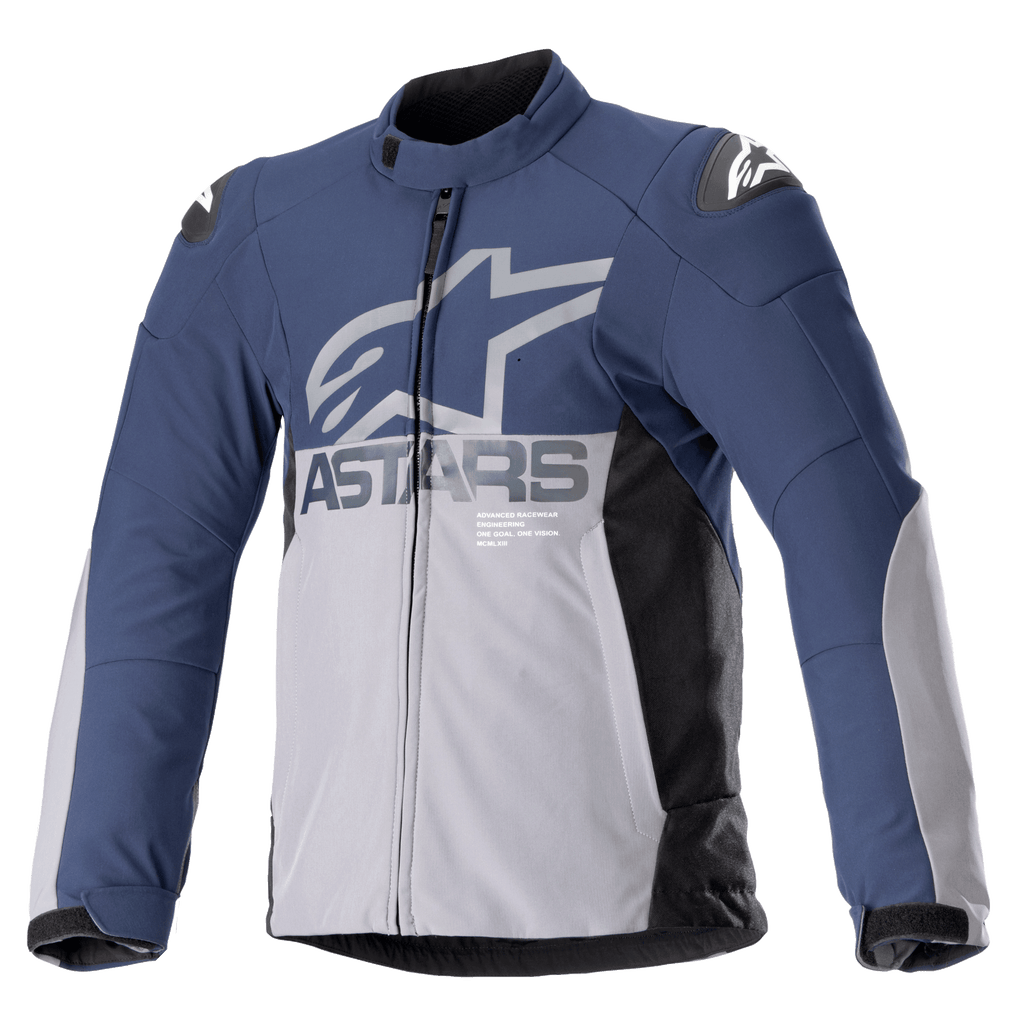 Alpinestars SMX Waterproof Jacket, motorjas, Night Navy en donkergrijs met zwarte zijpanelen, groot grijs ASTARS-logo op de borst, witte sterlogo's op de schouders, hoge kraag, verstelbare manchetten met klittenband, gewatteerde protectie, volledige ritssluiting