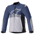 Alpinestars SMX Waterproof Jacket, motorjas, Night Navy en donkergrijs met zwarte zijpanelen, groot grijs ASTARS-logo op de borst, witte sterlogo's op de schouders, hoge kraag, verstelbare manchetten met klittenband, gewatteerde protectie, volledige ritssluiting