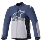 Alpinestars SMX Waterproof Jacket, motorjas, Night Navy en donkergrijs met zwarte zijpanelen, groot grijs ASTARS-logo op de borst, witte sterlogo's op de schouders, hoge kraag, verstelbare manchetten met klittenband, gewatteerde protectie, volledige ritssluiting