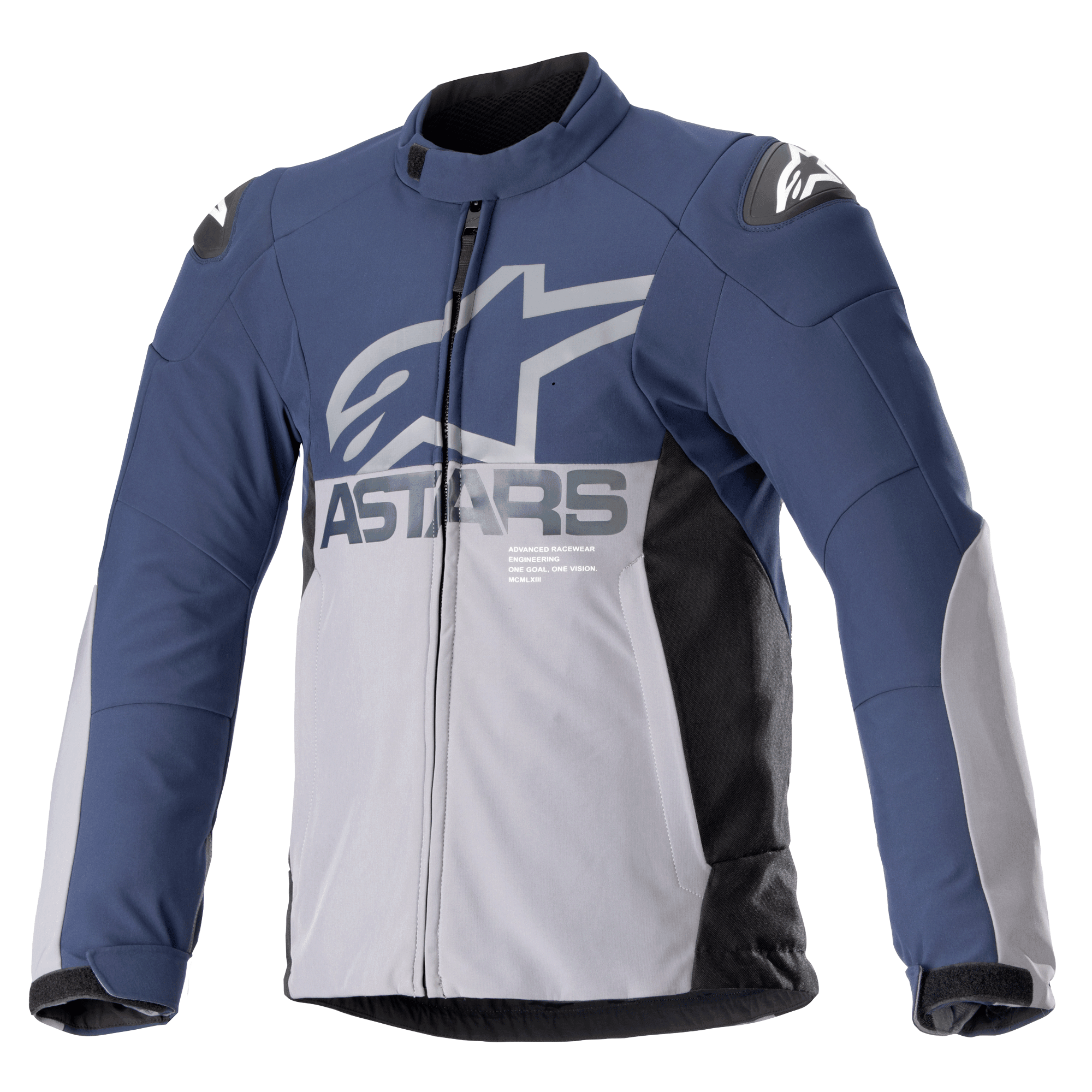 Alpinestars SMX Waterproof Jacket, motorjas, Night Navy en donkergrijs met zwarte zijpanelen, groot grijs ASTARS-logo op de borst, witte sterlogo's op de schouders, hoge kraag, verstelbare manchetten met klittenband, gewatteerde protectie, volledige ritssluiting