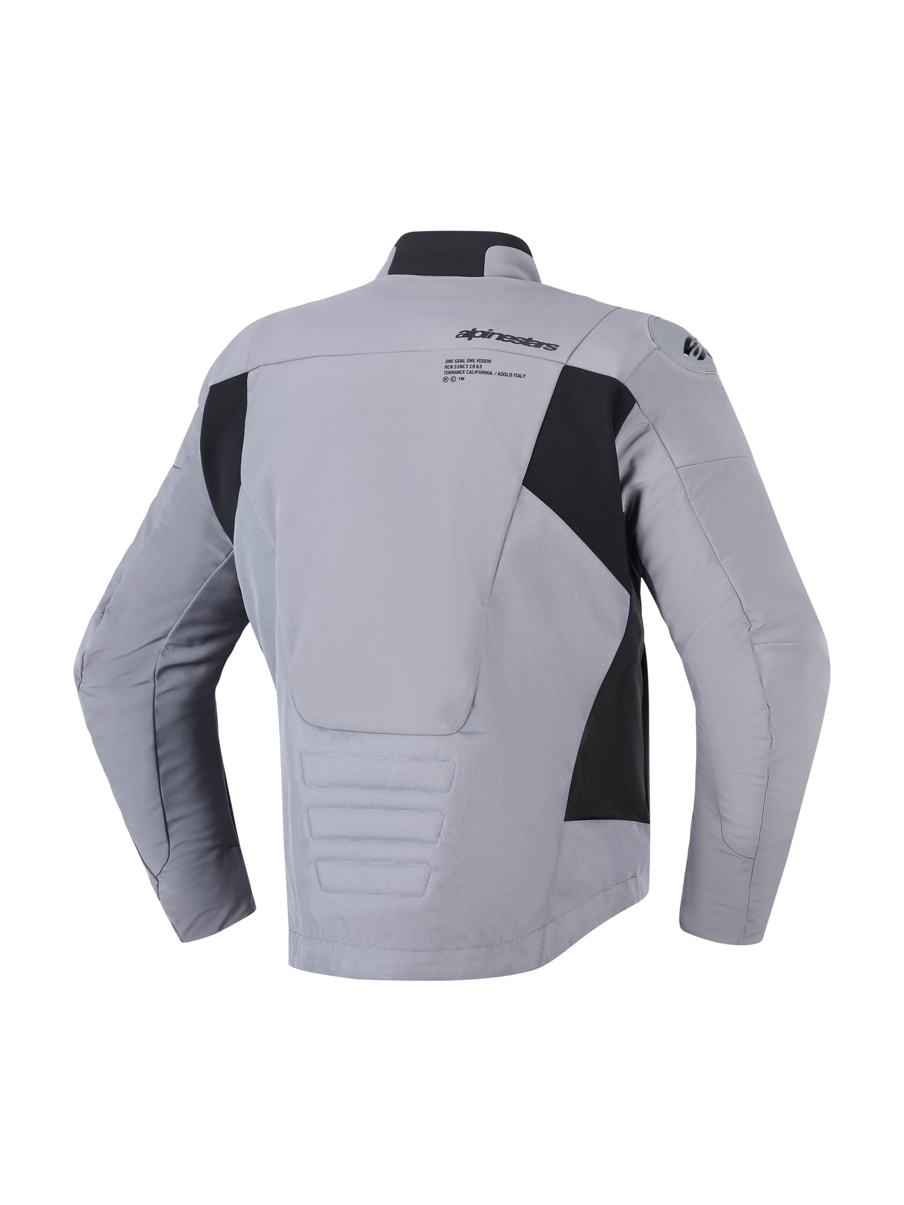 Alpinestars SMX Waterproof Jacket in Dark Gray Black, achteraanzicht toont textiel- en softshell-constructie, Alpinestars-logo en graphic op de bovenrug, zwarte zijpanelen en verlengd achterprofiel voor dekking tijdens het rijden, sportieve motorjas.