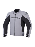 Alpinestars SMX Waterproof Jas, motorjas, donkergrijs en zwart, vooraanzicht met Alpinestars-logo op de borst en DFS Lite-schoudersliders, sportief textielontwerp voor rijden op de weg