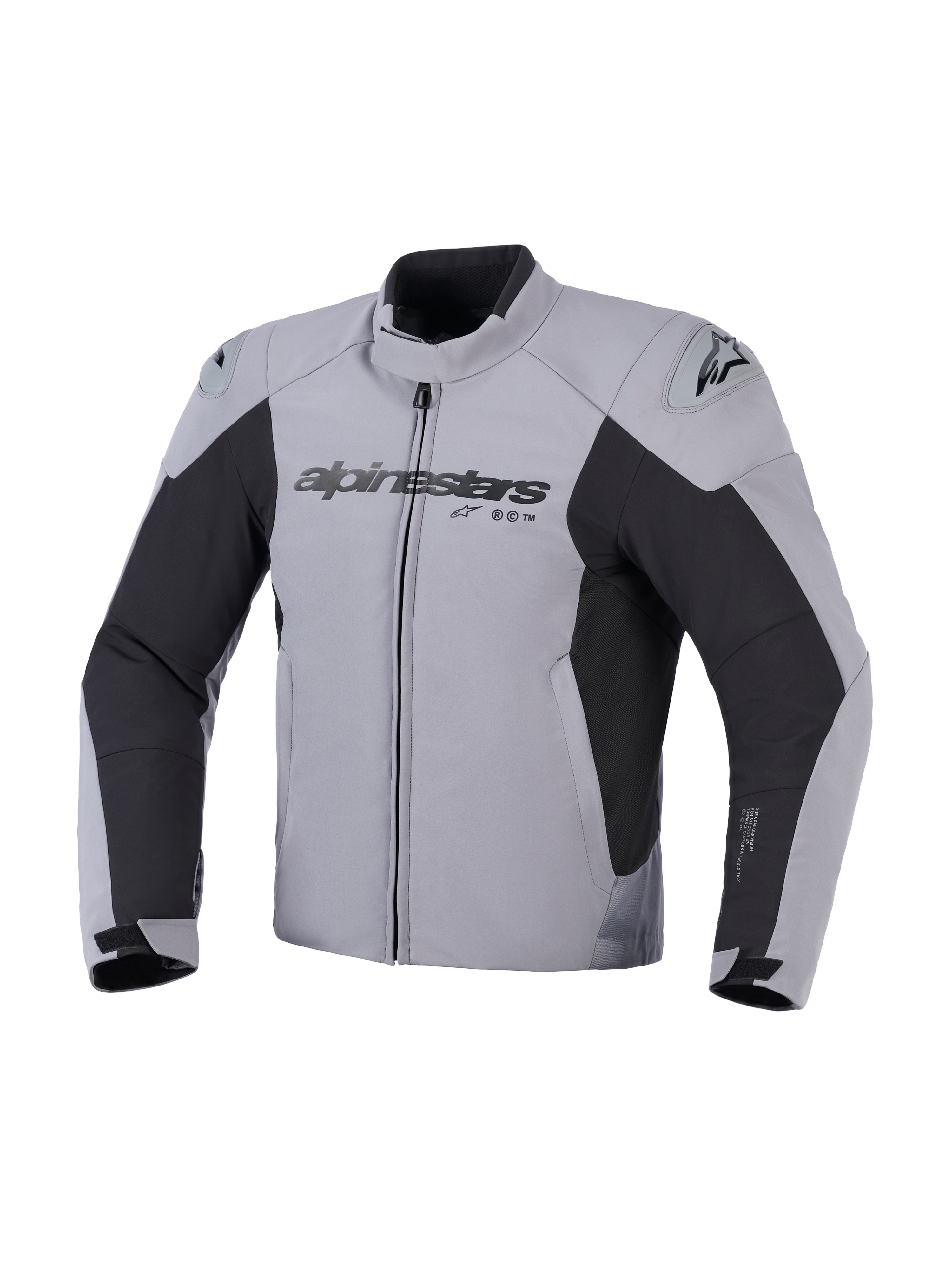 Alpinestars SMX Waterproof Jas, motorjas, donkergrijs en zwart, vooraanzicht met Alpinestars-logo op de borst en DFS Lite-schoudersliders, sportief textielontwerp voor rijden op de weg