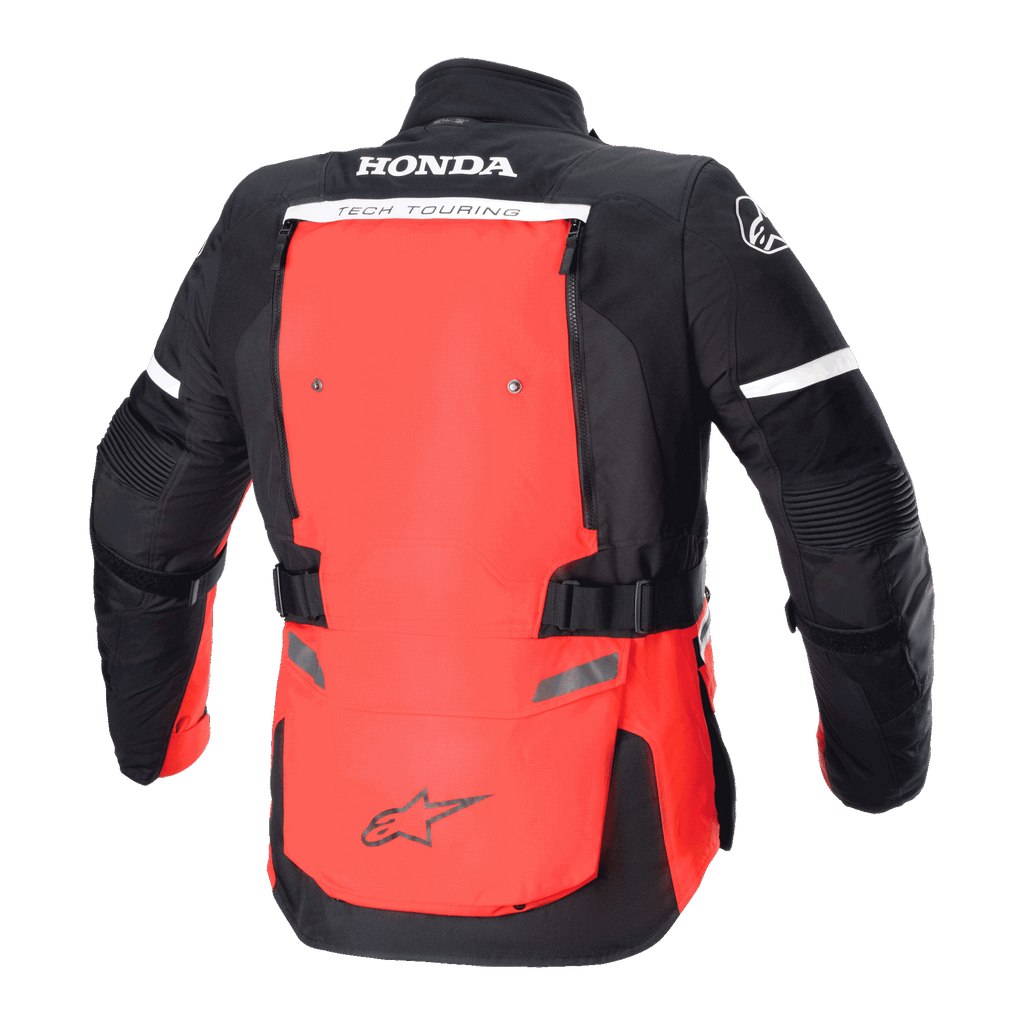 Alpinestars Honda Bogotá Pro Drystar® Jas, achteraanzicht, helderrood en zwart, adventure touring motorjas voorzien van HONDA en TECH TOURING branding, groot rood rugpaneel met verstelbare banden en reflecterende details.