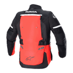 Alpinestars Honda Bogotá Pro Drystar® Jas, achteraanzicht, helderrood en zwart, adventure touring motorjas voorzien van HONDA en TECH TOURING branding, groot rood rugpaneel met verstelbare banden en reflecterende details.