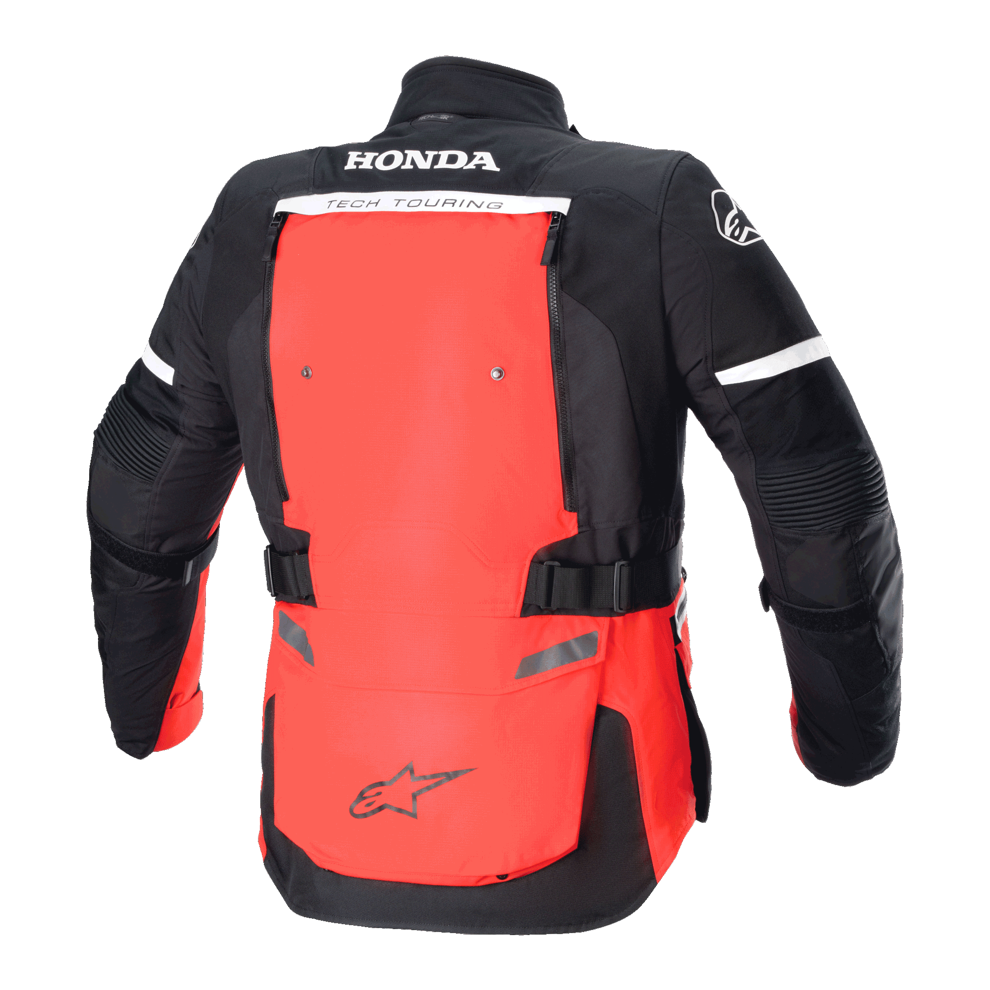 Alpinestars Honda Bogotá Pro Drystar® Jas, achteraanzicht, helderrood en zwart, adventure touring motorjas voorzien van HONDA en TECH TOURING branding, groot rood rugpaneel met verstelbare banden en reflecterende details.