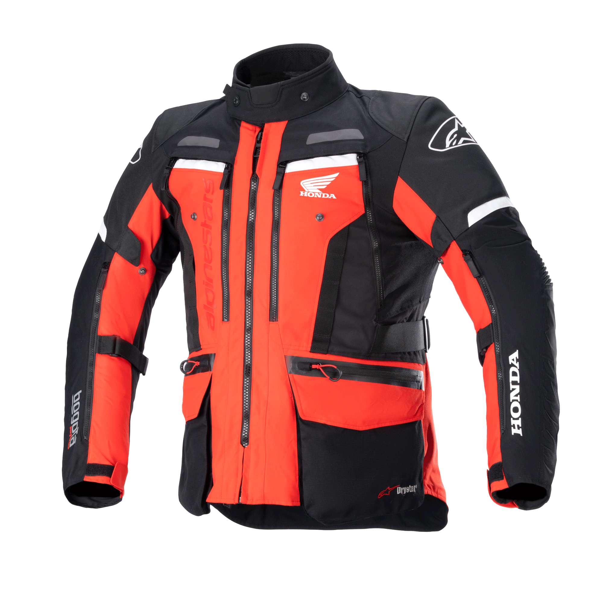 Alpinestars Honda Bogotá Pro Drystar® motorjas, adventure touring motorjas, felrood en zwart met witte accenten, met meerdere ritsen, opbergzakken, verstelbare banden en logo's van Honda en Alpinestars