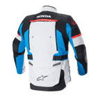 Alpinestars Honda Bogotá Pro Drystar® Jas, achteraanzicht, Ice Gray Blue en felrood, technische adventure-touring jas met Honda- en Tech Touring-branding op de rug, ventilatiepanelen en verstelbare taillebanden.