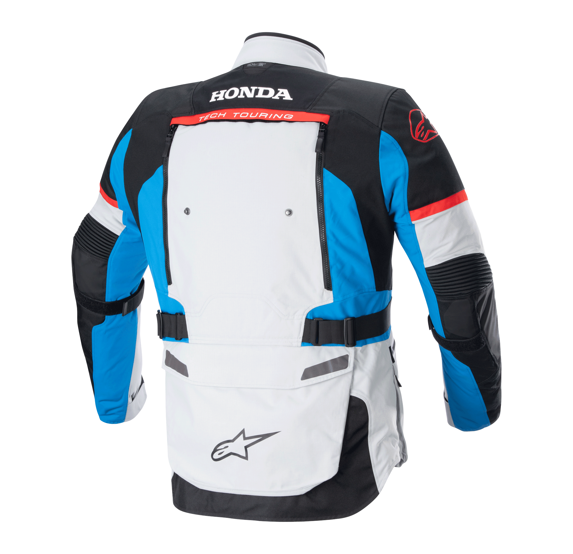Alpinestars Honda Bogotá Pro Drystar® Jas, achteraanzicht, Ice Gray Blue en felrood, technische adventure-touring jas met Honda- en Tech Touring-branding op de rug, ventilatiepanelen en verstelbare taillebanden.