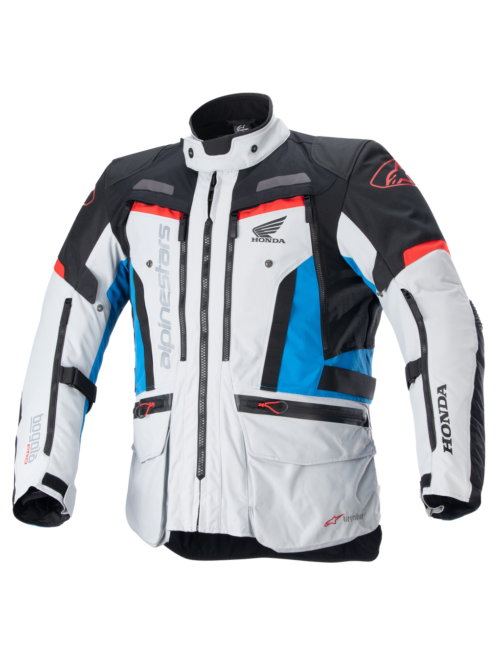 Alpinestars Honda Bogota' Pro Drystar® motorjas, touring motorjas, ijsgrijs, blauw en felrood, technisch textielontwerp met meerdere ritsen en zakken, verstelbare banden op de taille en armen, voorzien van Alpinestars en Honda logo's, waterdichte en ademende all-season touringbescherming.