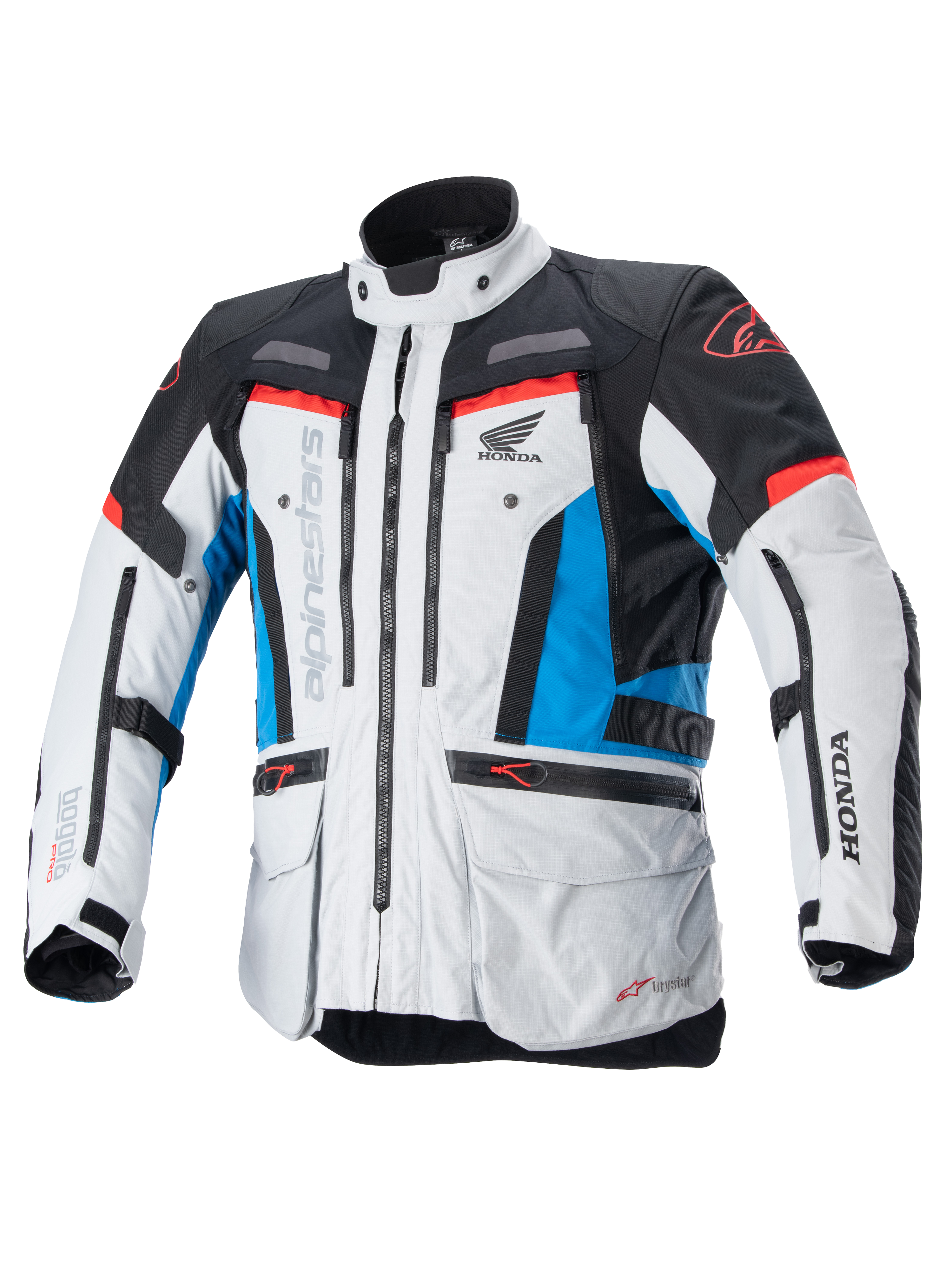 Alpinestars Honda Bogota' Pro Drystar® motorjas, touring motorjas, ijsgrijs, blauw en felrood, technisch textielontwerp met meerdere ritsen en zakken, verstelbare banden op de taille en armen, voorzien van Alpinestars en Honda logo's, waterdichte en ademende all-season touringbescherming.