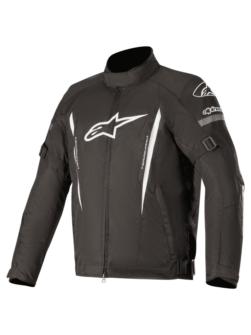 Alpinestars Gunner V2 Waterproof Jacket, zwarte textiele motorjas met witte logo's en verticale strepen, voorzien van verstelbare arm- en taillebanden, hoge kraag, voorritssluiting, duurzame waterdichte bescherming