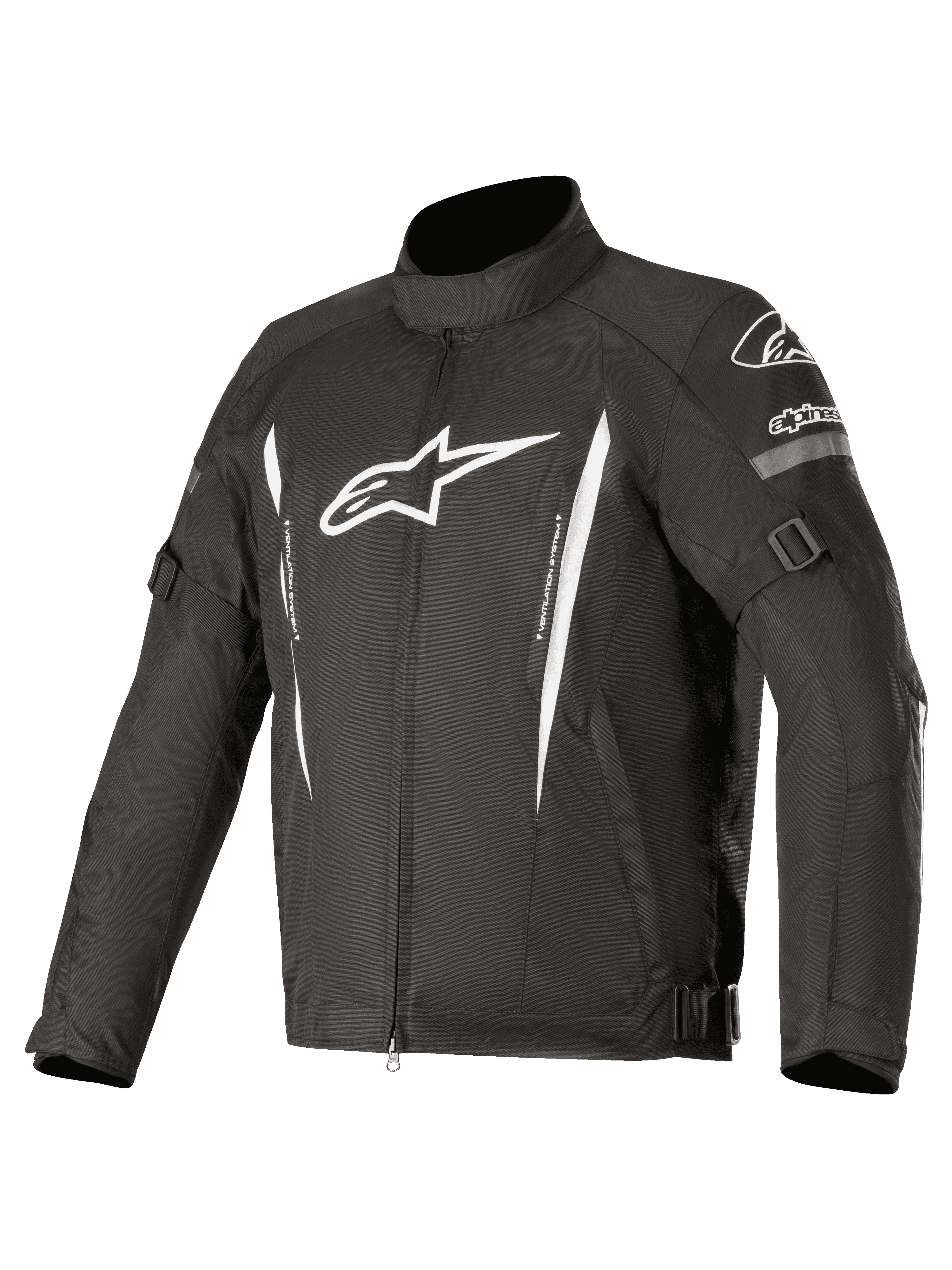 Alpinestars Gunner V2 Waterproof Jacket, zwarte textiele motorjas met witte logo's en verticale strepen, voorzien van verstelbare arm- en taillebanden, hoge kraag, voorritssluiting, duurzame waterdichte bescherming