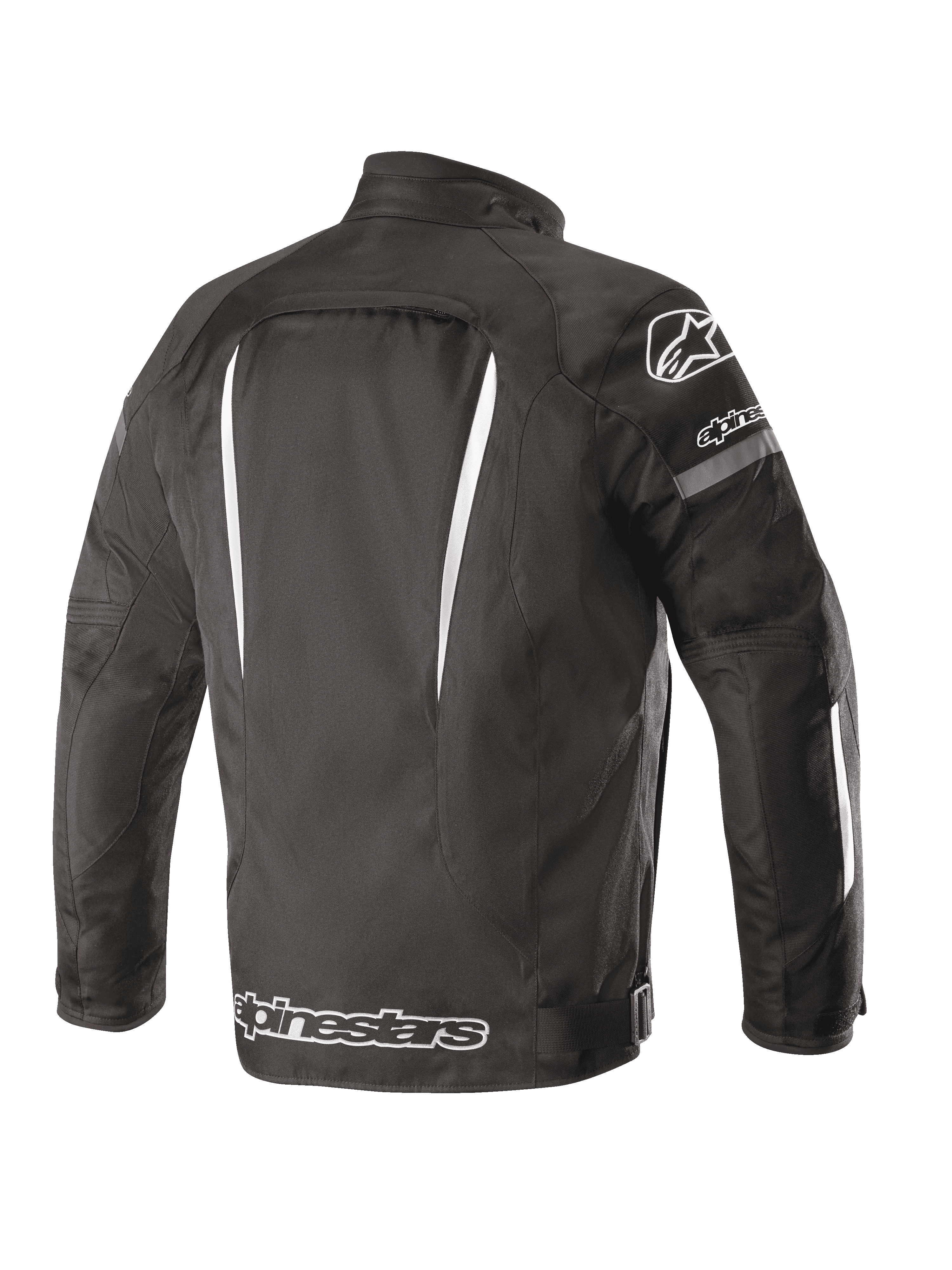 Alpinestars Gunner V2 Waterproof Jas, achteraanzicht, zwart en wit, textielconstructie met verticale witte accenten, groot Alpinestars-logo op de onderrug en A-star-logo op de schouder, urban motorkleding