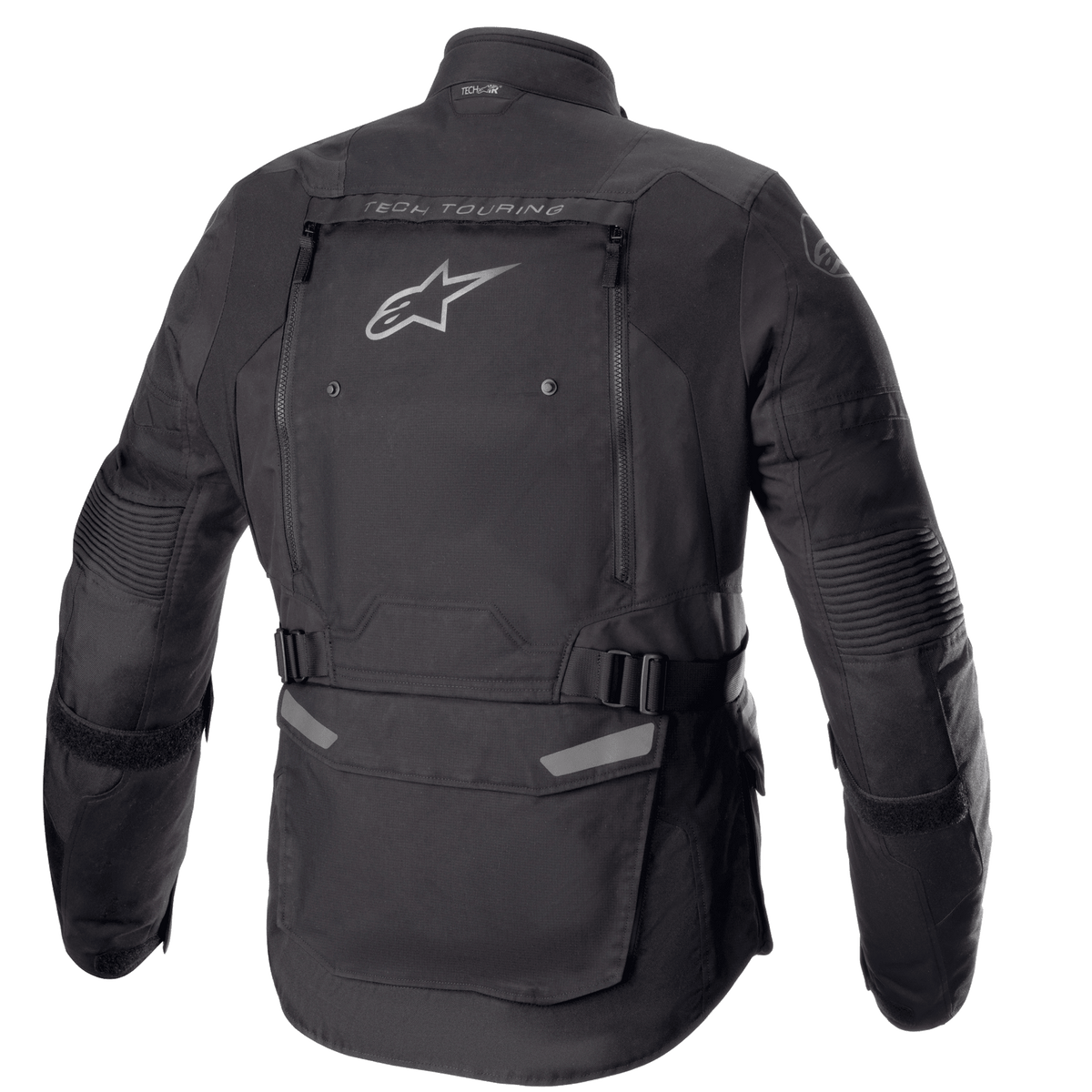 Alpinestars Bogotá Pro Drystar® jas, achteraanzicht, zwart, textiele motorjas met een groot ventilatiepaneel op de rug voorzien van Alpinestars-logo, 'TECH TOURING'-branding, verstelbare taillebanden en accordeonpanelen op de ellebogen.