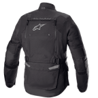 Alpinestars Bogotá Pro Drystar® jas, achteraanzicht, zwart, textiele motorjas met een groot ventilatiepaneel op de rug voorzien van Alpinestars-logo, 'TECH TOURING'-branding, verstelbare taillebanden en accordeonpanelen op de ellebogen.