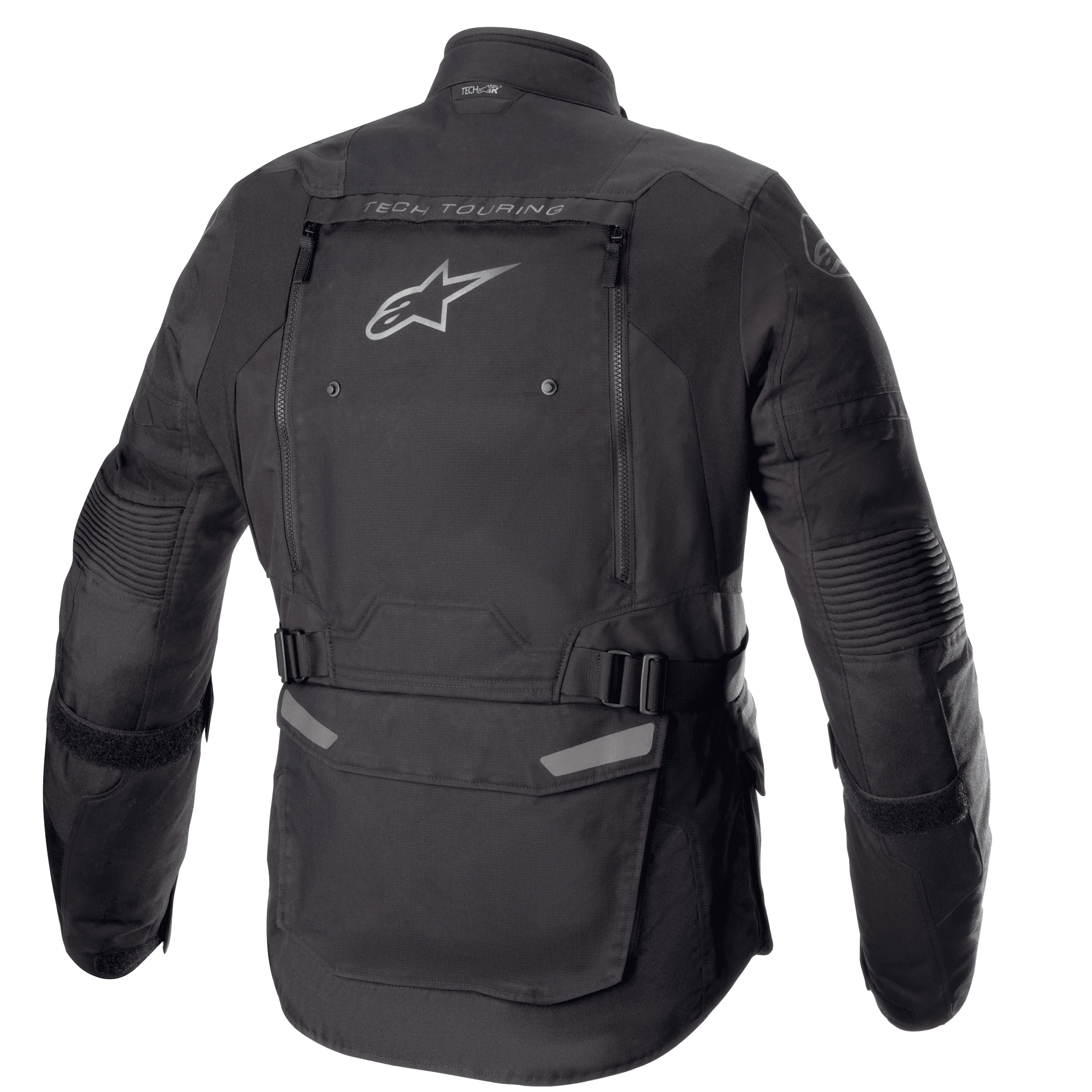 Alpinestars Bogotá Pro Drystar® jas, achteraanzicht, zwart, textiele motorjas met een groot ventilatiepaneel op de rug voorzien van Alpinestars-logo, 'TECH TOURING'-branding, verstelbare taillebanden en accordeonpanelen op de ellebogen.